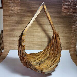 Mid Century Wood Block Basket Plant Holder Geometric Boho Decor 22" Tall